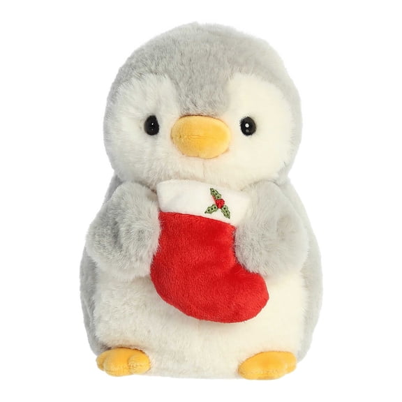 Aurora - Small Gray PomPom Penguin - 7.5" Pompom With Stocking - Festive Stuffed Animal
