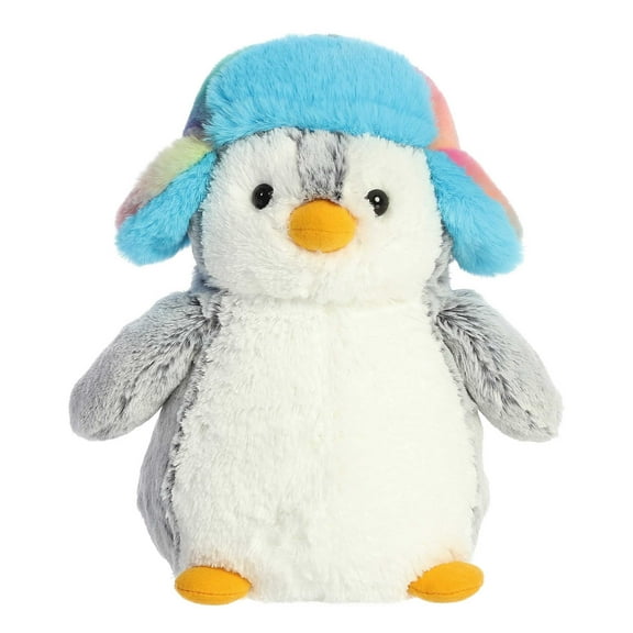 Aurora - Small Gray PomPom Penguin - 9" Pom Pom Rainbow Trapper - Festive Stuffed Animal