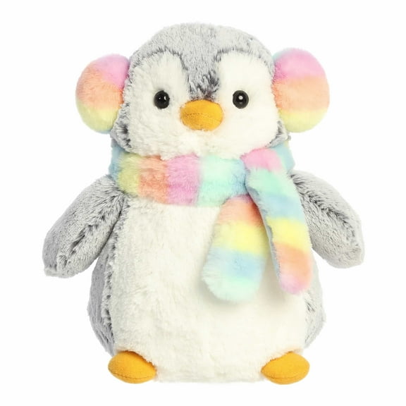 Aurora - Small Rainbow Festive Stuffed Animal - 9" Pompom Muffs & Scarf - PomPom Penguin