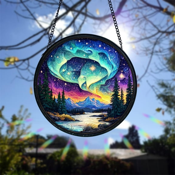 Aurora Stained Glass Suncatcher, Colorful Night Sky Window Hanging, Nature Lover Keepsake Gift