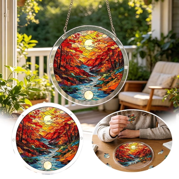 Aurora Sunset Valley Night Sky 2D DIY Acrylic Suncatcher Puzzle Kit, Stained Glass Window Hanging Ornament, Indoor Outdoor Home Decor Craft Gift for Adults Mom Birthday Home (F) 8"