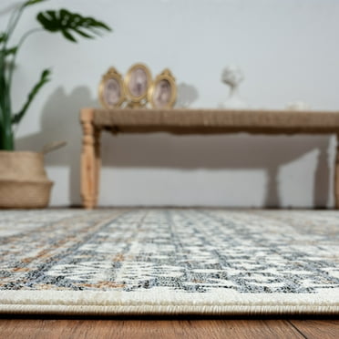 Aurora Transitional Bordered Performance Area Rug Indigo/Sand 2' x 3' 2' x 3' Kitchen,Bedroom,Entryway