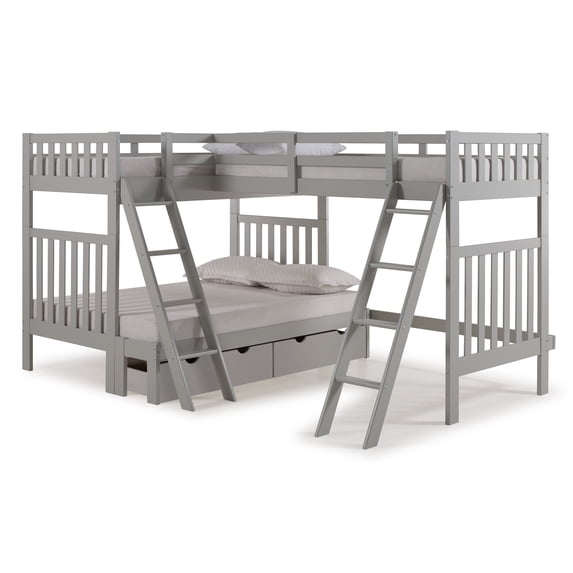 Aurora Twin Over Full Bunk Bed with Tri-Bunk Extension and Storage Drawers, Dove Gray