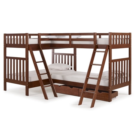 Aurora Twin Over Twin Bunk Bed with Quad Bunk Extension and Storage Drawers, Chestnut