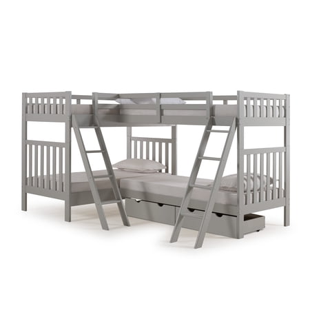 Aurora Twin Over Twin Bunk Bed with Quad-Bunk Extension and Storage Drawers, Dove Gray