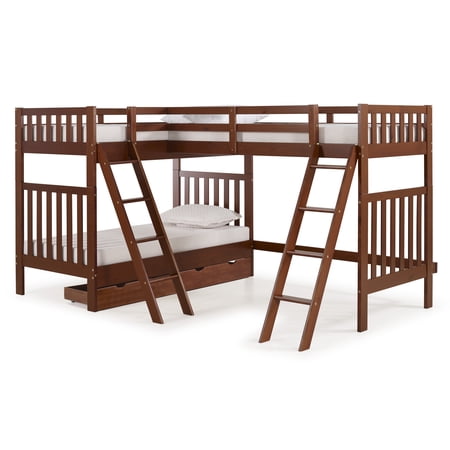 Aurora Twin Over Twin Bunk Bed with Third Bunk Extension and Storage Drawers, Chestnut