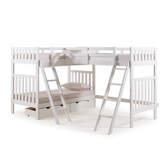 Aurora Twin Over Twin Size Wood Bunk Bed with Third Bunk Extension & Storage Drawers, White