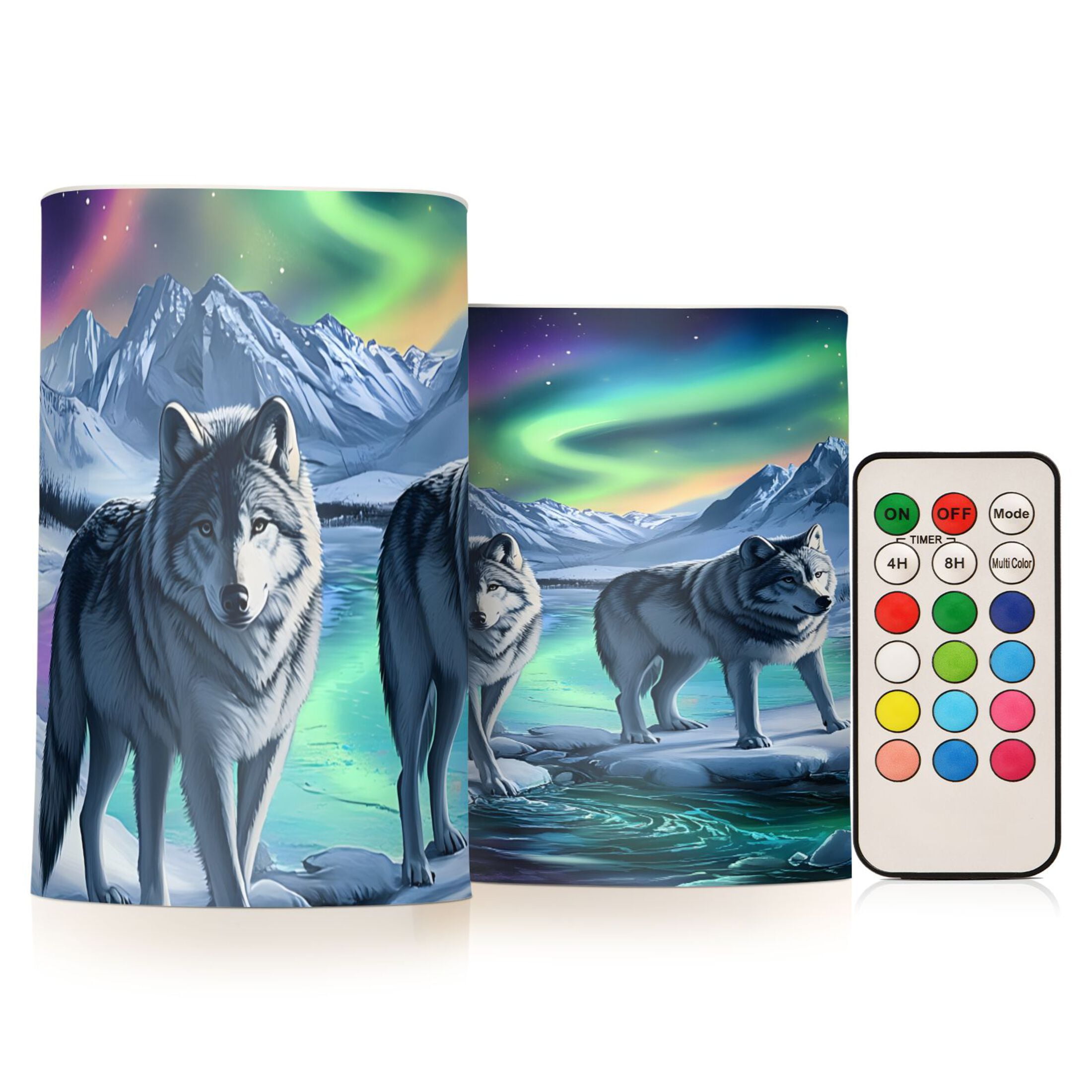 Aurora Two Wolf Flickering Flameless Candles Battery Operated with Remote Timer LED Pillar Candles Set of 2