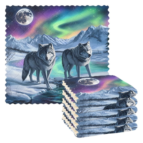 Aurora Two Wolf Kitchen Cloth Dish Towels for Drying Washing Absorbent Dish Rags Reusable soft kitchen dishcloth set 6 Pack