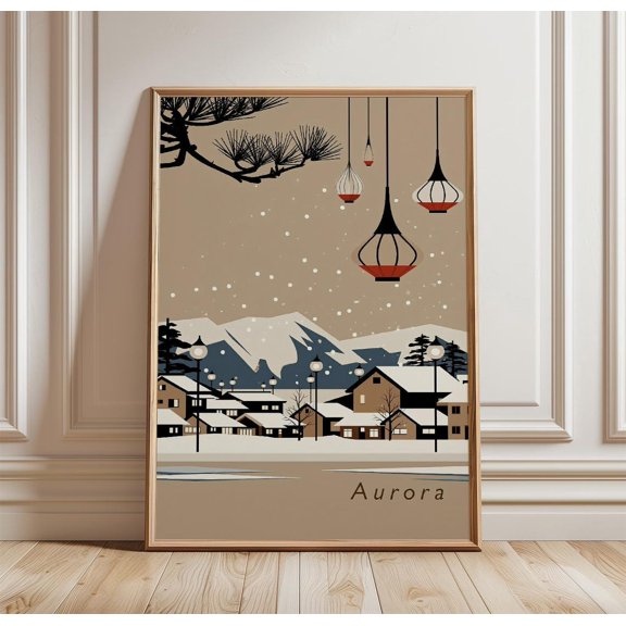 Aurora Winter Landscape Snowy Mountain Art Paper Print, Unframed Paper Print