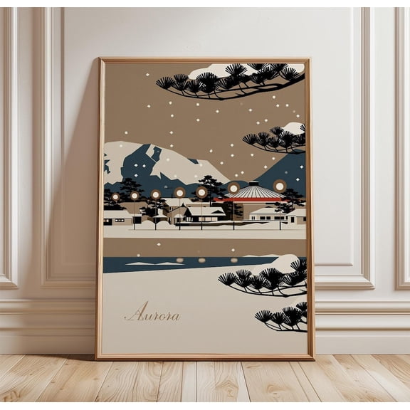 Aurora Winter Landscape Snowy Mountain Art Paper Print, Unframed Paper Print