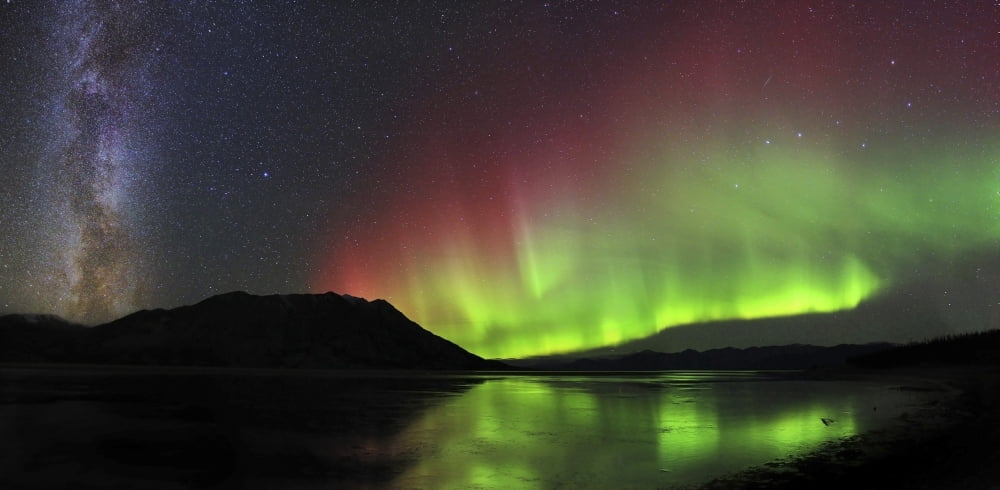 Aurora borealis Milky Way and Big Dipper above Kluane Lake Yukon Canada Canvas Art - Joseph BradleyStocktrek Images (20 x 10)