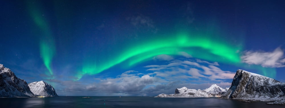 Aurora borealis above Flaget bay Lofoten Nordland Norway Canvas Art - Panoramic Images (12 x 30)