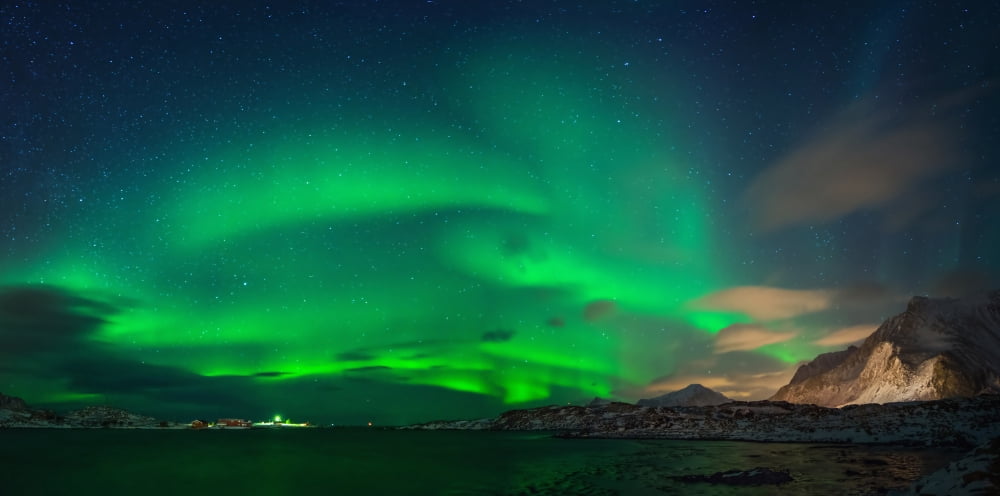 Aurora borealis above Ramberg Lofoten Nordland Norway Canvas Art - Panoramic Images (12 x 24)