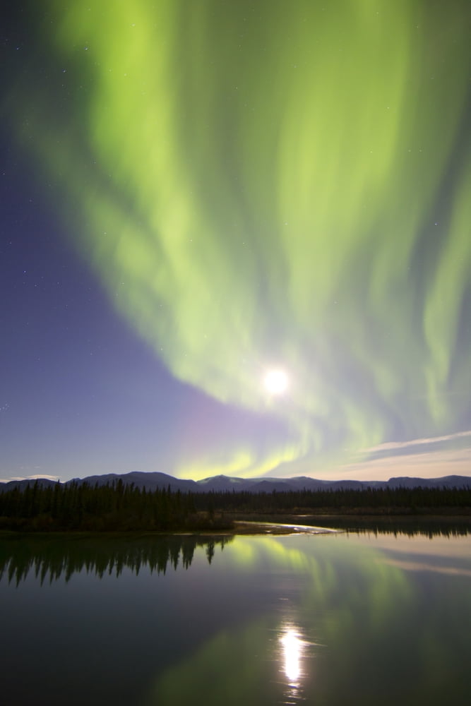 Aurora borealis and Full Moon over the Yukon River Canada Canvas Art - Joseph BradleyStocktrek Images (12 x 18)