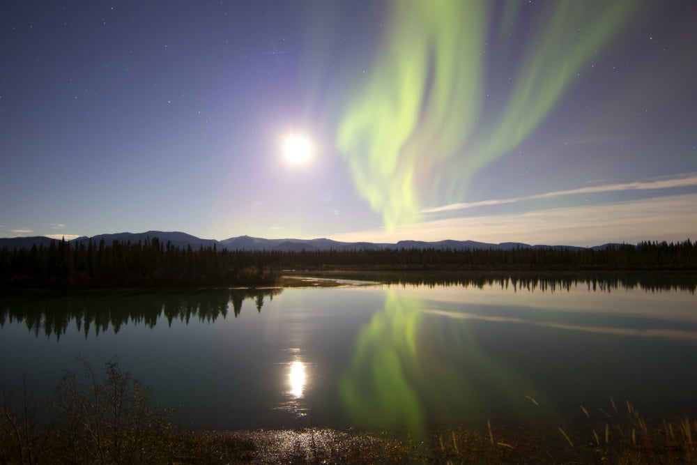 Aurora borealis and Full Moon over the Yukon River Canada Canvas Art - Joseph BradleyStocktrek Images (18 x 12)