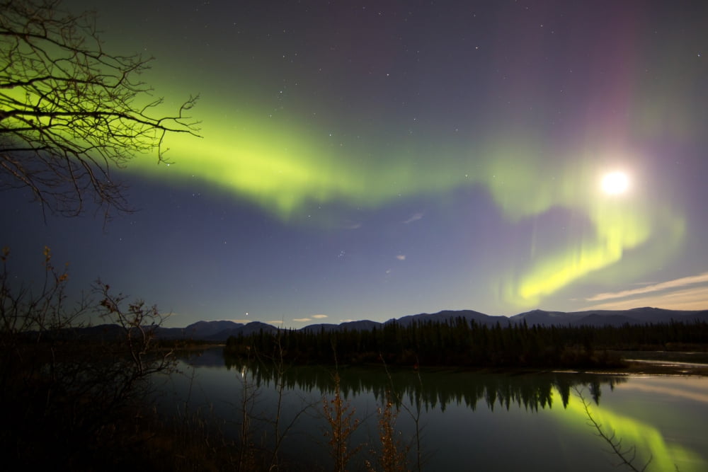 Aurora borealis and Full Moon over the Yukon River Canada Canvas Art - Joseph BradleyStocktrek Images (35 x 23)