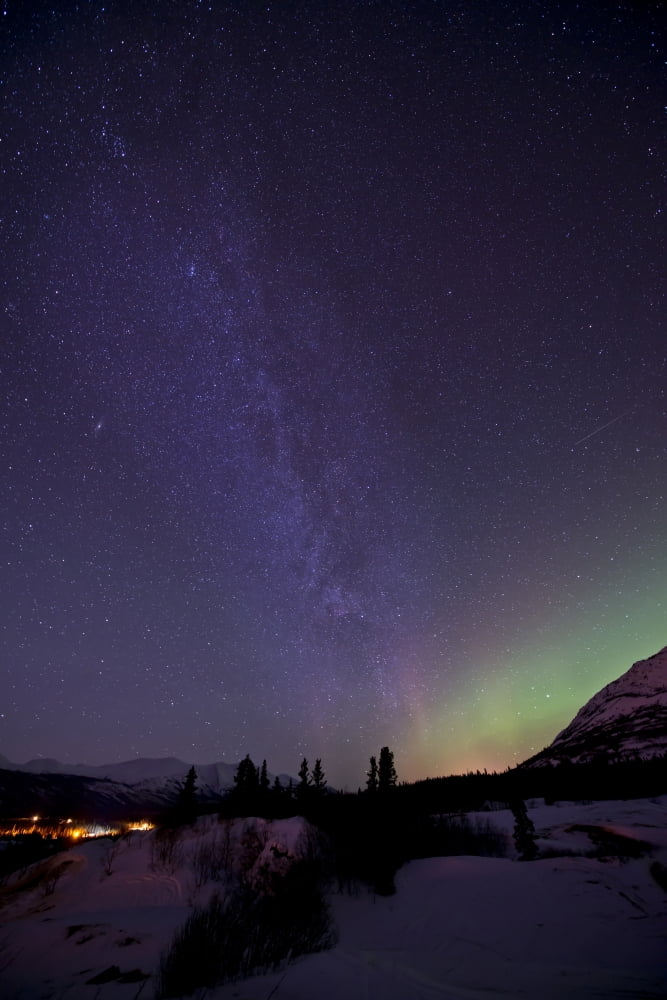 Aurora borealis and Milky Way over Carcross Yukon Canada Canvas Art - Jonathan TuckerStocktrek Images (23 x 35)