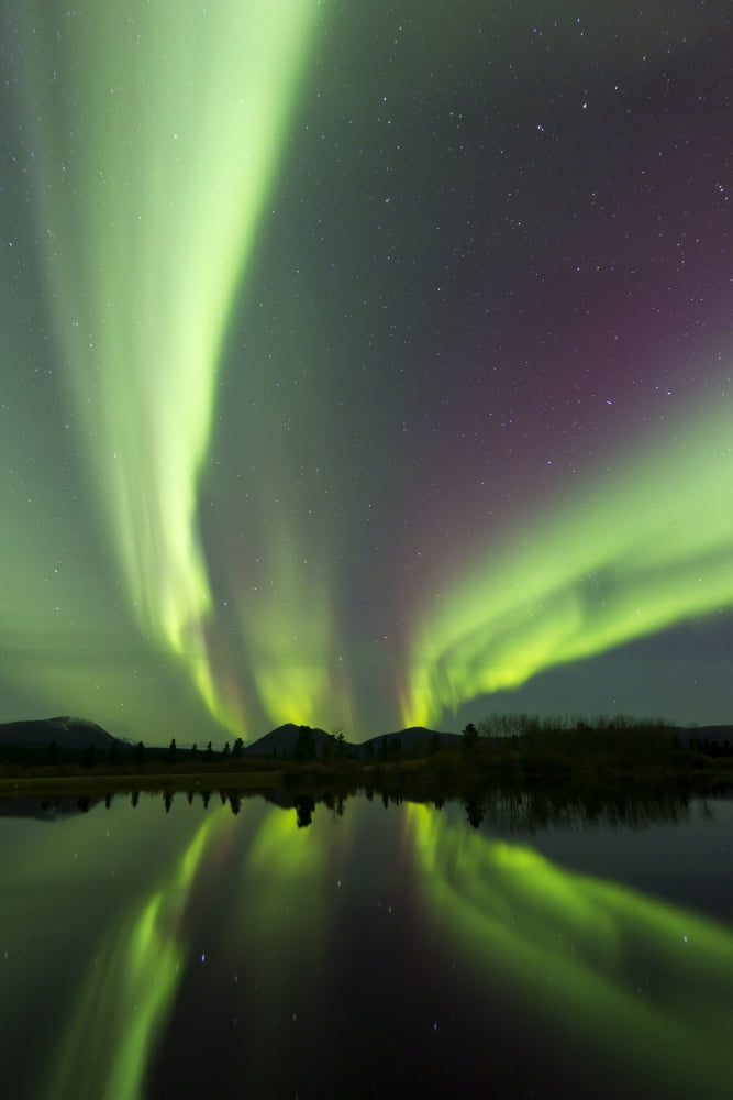 Aurora borealis over Fish lake Whitehorse Yukon Canada Canvas Art - Joseph BradleyStocktrek Images (12 x 18)