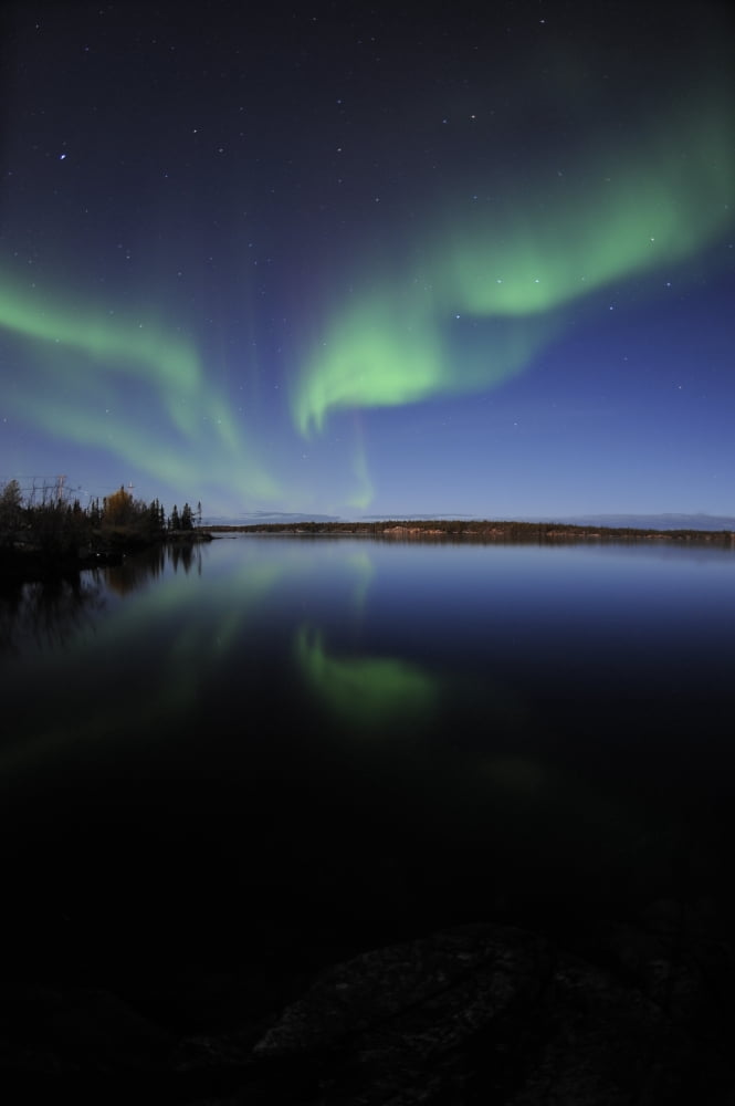 Aurora borealis over Long Lake Northwest Territories Canada Canvas Art - Jiri HermannStocktrek Images (23 x 35)