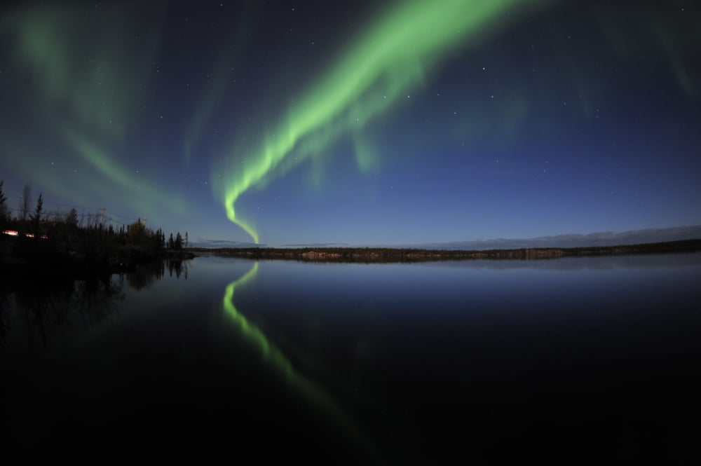 Aurora borealis over Long Lake Northwest Territories Canada Canvas Art - Jiri HermannStocktrek Images (35 x 23)