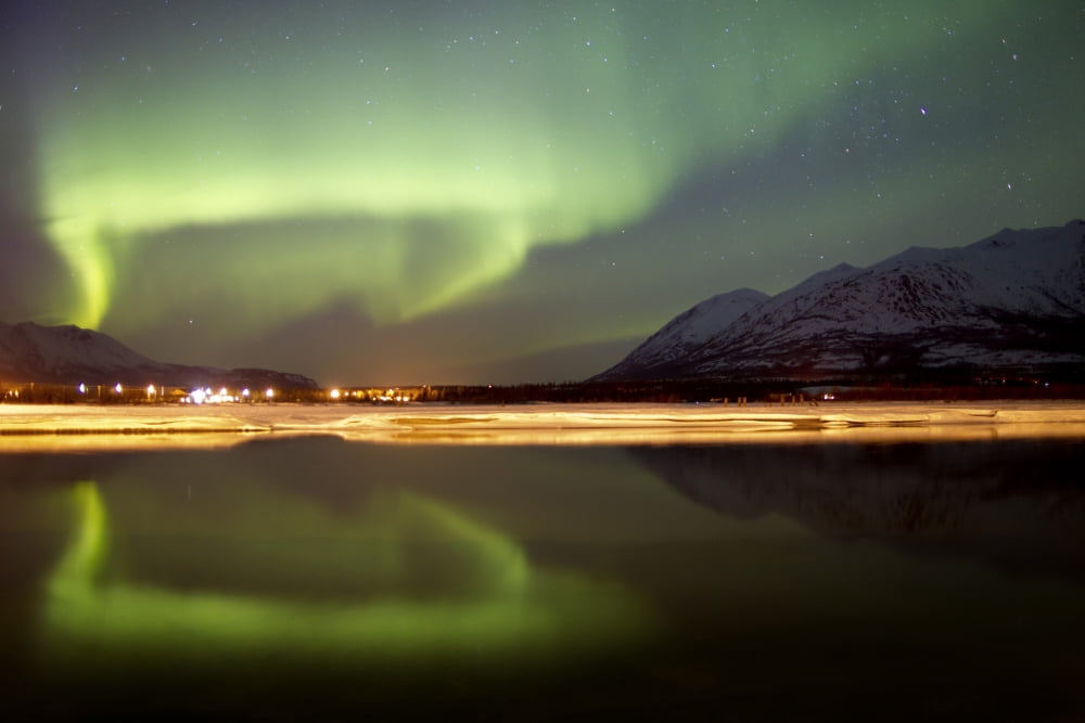 Aurora borealis over Nares Lake Carcross Yukon Canada Canvas Art - Joseph BradleyStocktrek Images (35 x 23)