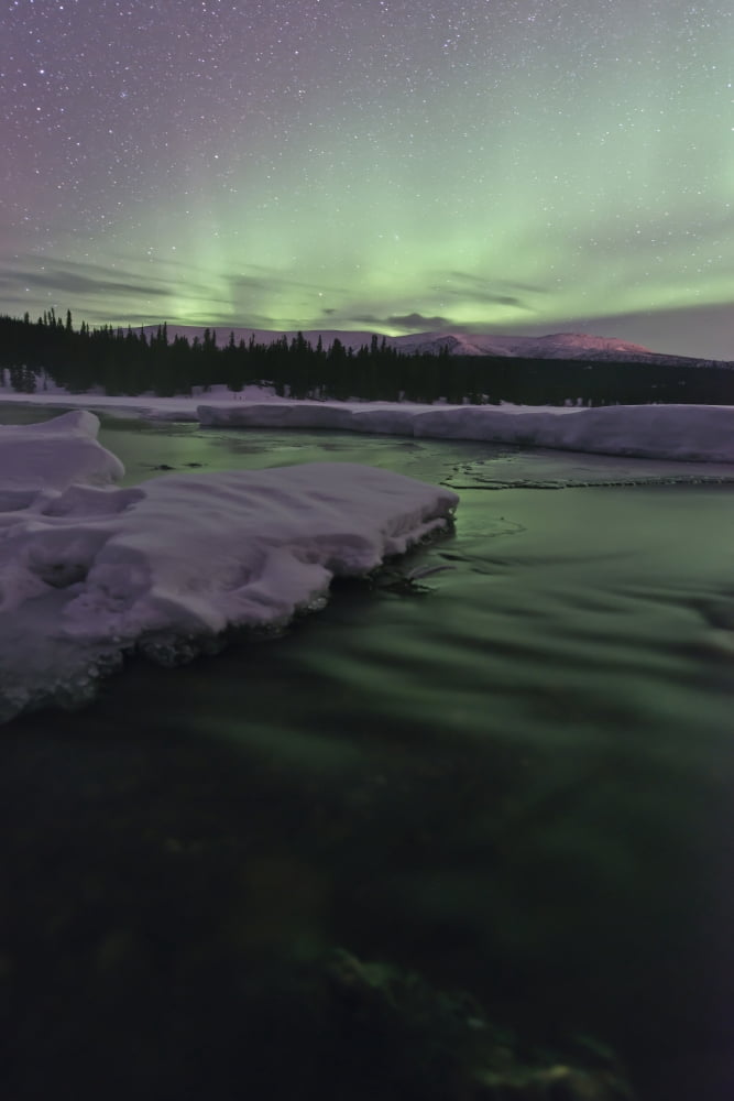 Aurora borealis over creek Yukon Canada Canvas Art - Jonathan TuckerStocktrek Images (12 x 18)