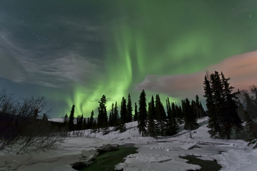 Aurora borealis over creek Yukon Canada Canvas Art - Jonathan TuckerStocktrek Images (18 x 12)