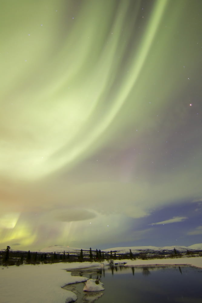 Aurora borealis over creek by Fish Lake Whitehorse Yukon Canada Canvas Art - Joseph BradleyStocktrek Images (12 x 18)
