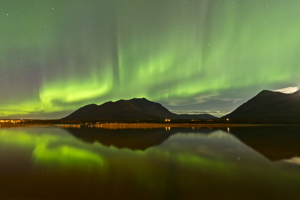 Aurora borealis over mountain Carcross Yukon Canada Canvas Art - Jonathan TuckerStocktrek Images (18 x 12)