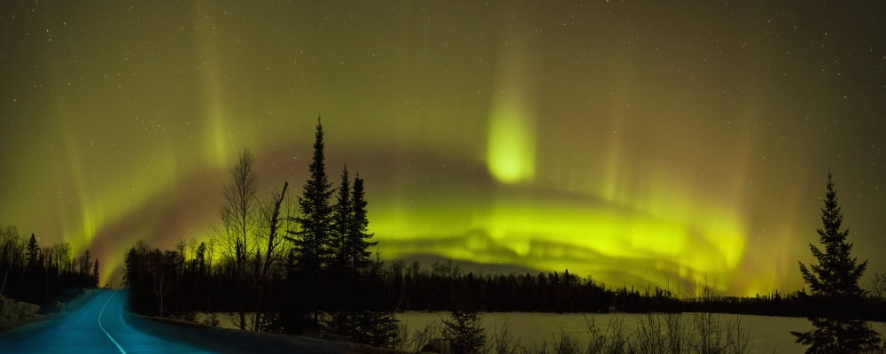 Aurora borealis over the road Thunder Bay Ontario Canada Canvas Art - Susan Dykstra Design Pics (34 x 13)