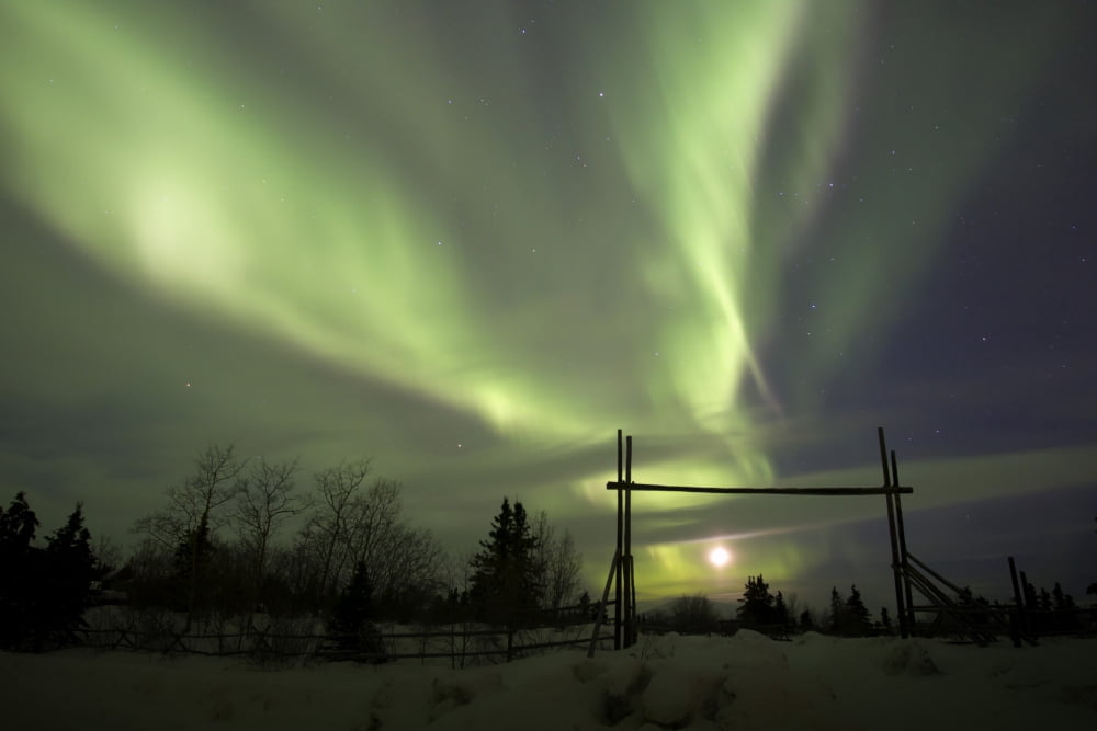Aurora borealis with moon and gate Whitehorse Yukon Canada Canvas Art - Joseph BradleyStocktrek Images (35 x 23)
