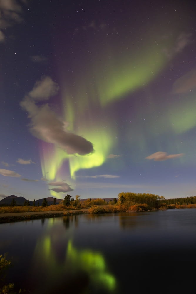 Aurora borealis with moonlight at Fish Lake Yukon Canada Canvas Art - Joseph BradleyStocktrek Images (12 x 18)