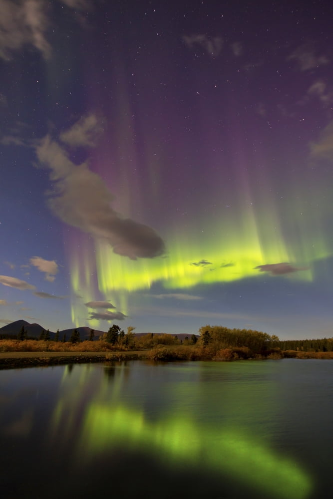 Aurora borealis with moonlight at Fish Lake Yukon Canada Canvas Art - Joseph BradleyStocktrek Images (12 x 18)