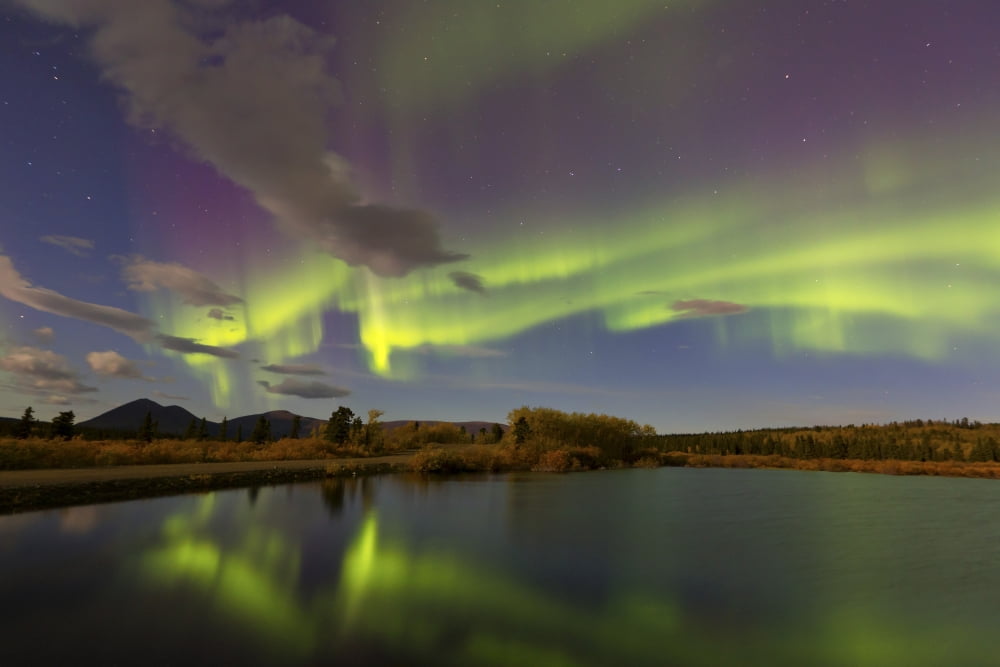 Aurora borealis with moonlight at Fish Lake Yukon Canada Canvas Art - Joseph BradleyStocktrek Images (18 x 12)