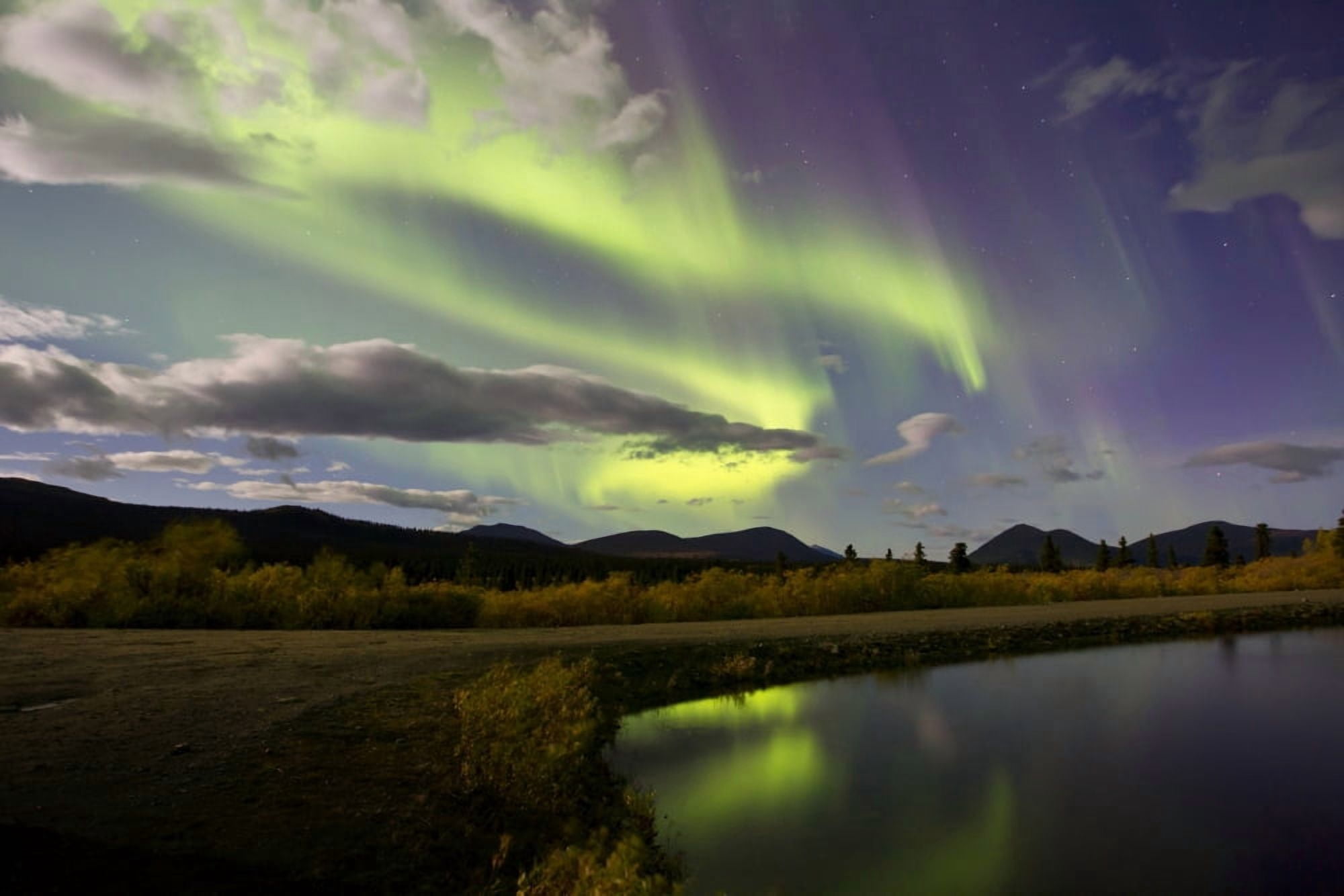 Aurora borealis with moonlight at Fish Lake Yukon Canada Canvas Art - Joseph BradleyStocktrek Images (18 x 12)