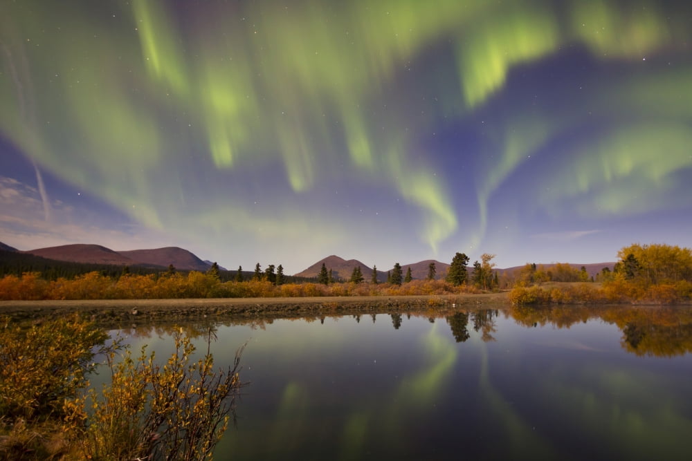 Aurora borealis with moonlight at Fish Lake Yukon Canada Canvas Art - Joseph BradleyStocktrek Images (35 x 23)