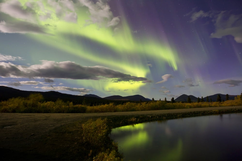 Aurora borealis with moonlight at Fish Lake Yukon Canada Canvas Art - Joseph BradleyStocktrek Images (35 x 23)