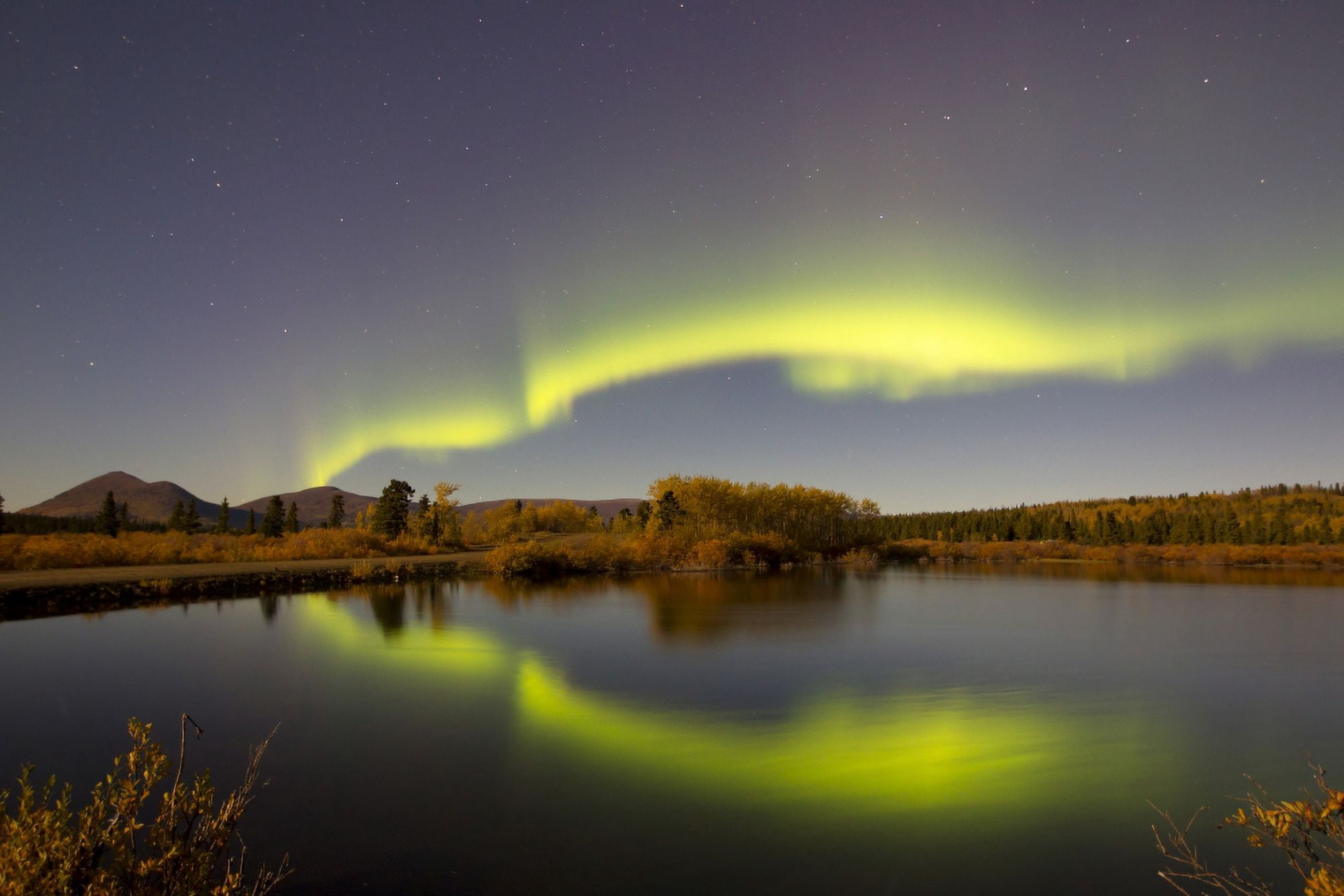 Aurora borealis with moonlight at Fish Lake Yukon Canada Canvas Art - Joseph BradleyStocktrek Images (35 x 23)