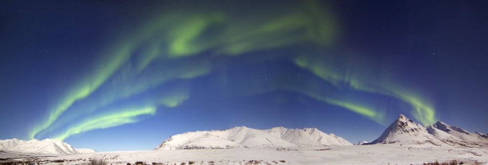 Aurora borealis with moonlight over Ogilvie Mountains Canada Canvas Art - Joseph BradleyStocktrek Images (24 x 9)