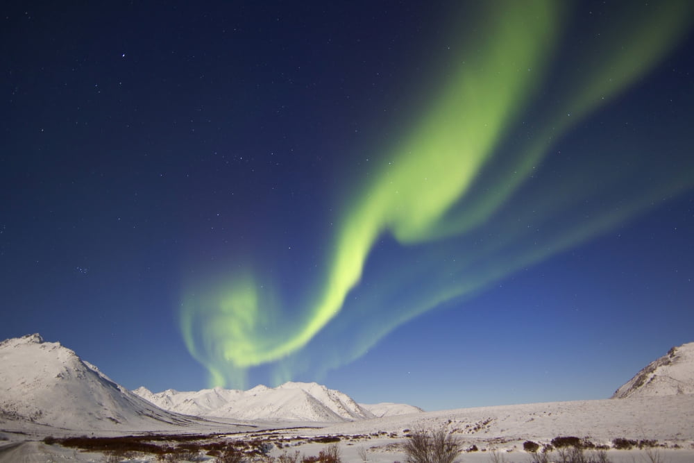 Aurora borealis with moonlight over Ogilvie Mountains Canada Canvas Art - Joseph BradleyStocktrek Images (35 x 23)