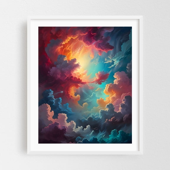 Aurora in the Clouds - Painting Surrealism Abstract Fantasy Cosmic Mystical Space Psychedelic White Framed Wall Art Print 16 x 20 inches