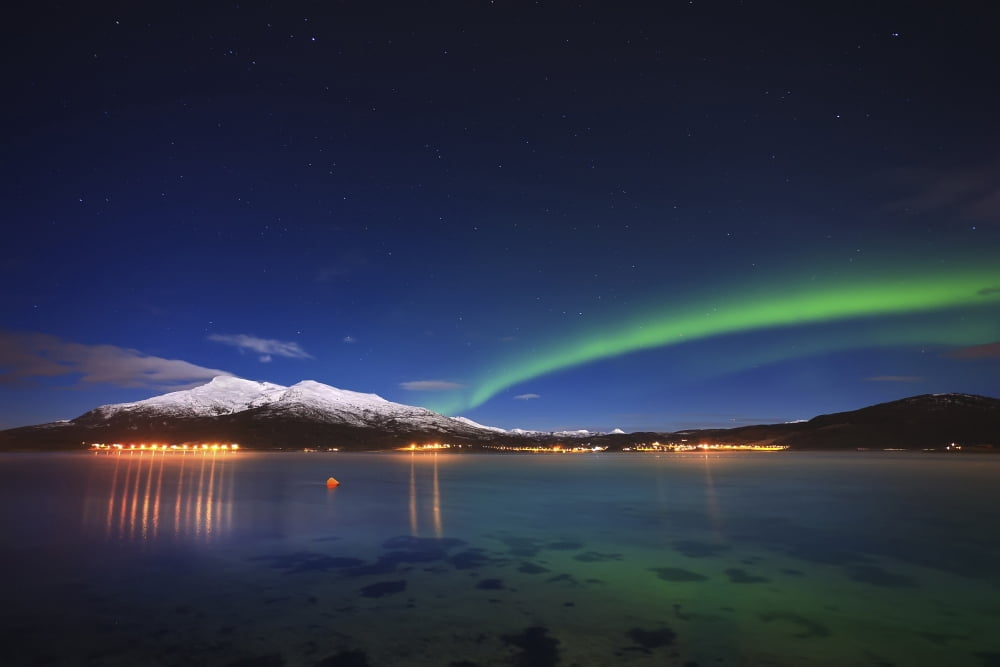Aurora over Tjeldsundet and Saetertinden Mountain in Norway Canvas Art - Arild HeitmannStocktrek Images (35 x 23)