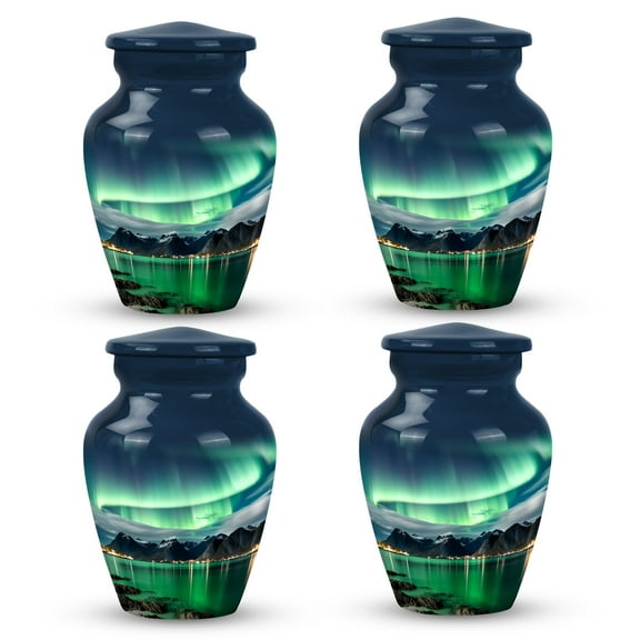Aurora's Luminous Cascade Above Arctic Village - Mini Keepsake Urn for Women's Ashes - Compact and Elegant - Small Memorial Container - Urns For Human Ashes Adult - 3 Inch, Set Of 4
