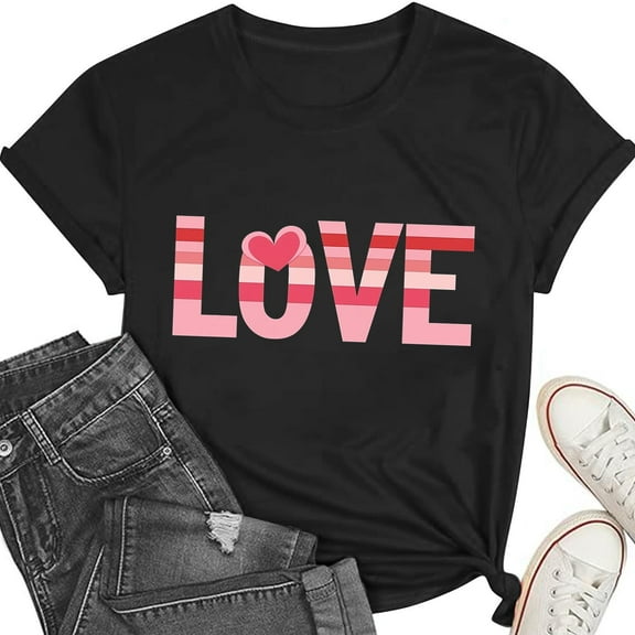 AuroraX 1/4 Sleeve T-Shirts for Women,Black Loose Fit Crewneck Graphic Women Tops Valentines Holiday T Shirts Gifts for Girlfriend