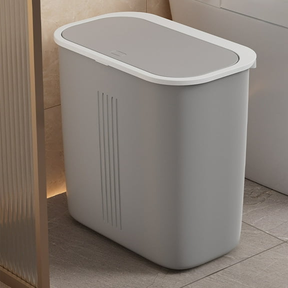 AuroraX 2.5 Gallon Bathroom Trash Can with Press Top Lid Odor Seal Stylish Gray Small Garbage Container Basket Modern Plastic Garbage Bin for Narrow Spaces