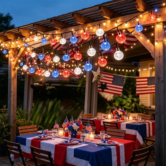 AuroraX 4th of July String Lights Patriotic Outdoor Lights Waterproof Solar Powered Bubble Lights Red White Blue Holiday Decorations Blue