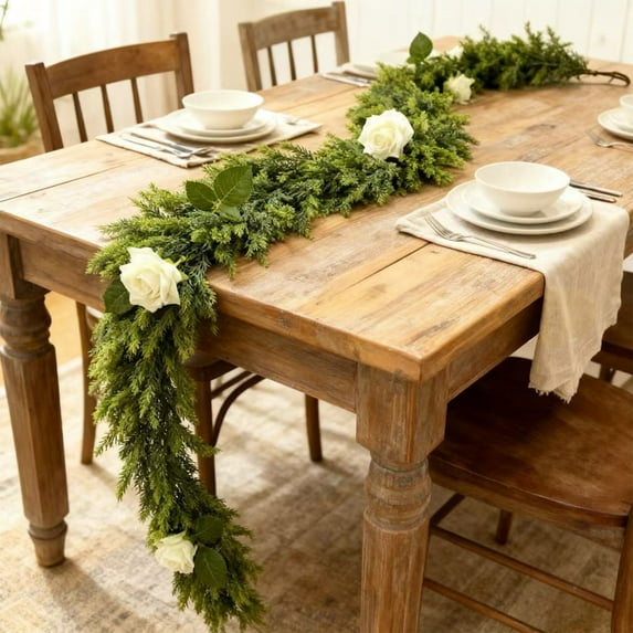 AuroraX 6 Ft Long Faux Greenery Rose Garland, Artificial Silk Flower Vine for Wedding Table Centerpieces, Romantic Valentine'S Day Decor, Bridal Arbor Swag, Fireplace Mantel Decoration (White)