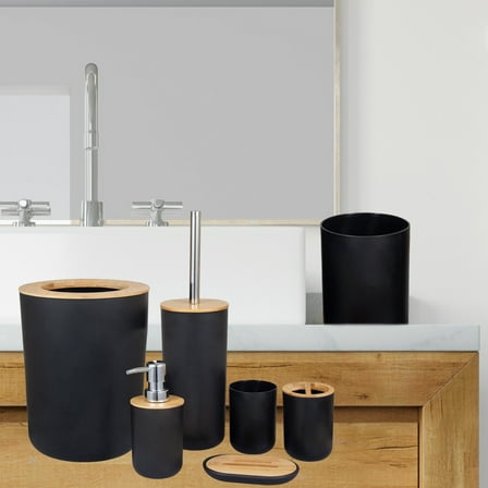 AuroraX 6-Piece Bathroom Accessory Set Black Bathroom Complete Bath Decor Kit Art Deco with Soap Dish,Soap Dispenser,Tumbler Toothbrush Holder,Trash Can and Toilet Brush and Holder Set