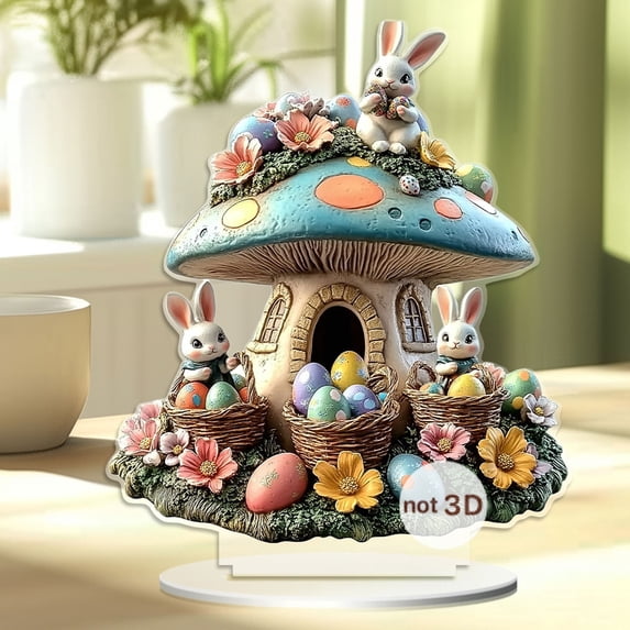 AuroraX Acrylic Easter Bunny Mushroom House Tabletop Decor 2d Rabbit and Easter Egg Figurine for Spring Home Decoration, Rustic Holiday Party Centerpiece